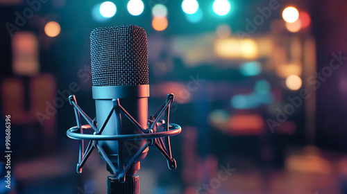 Stylish black microphone sits on a wooden table next to a laptop and headphones in a cozy home studio setting ideal for content creation