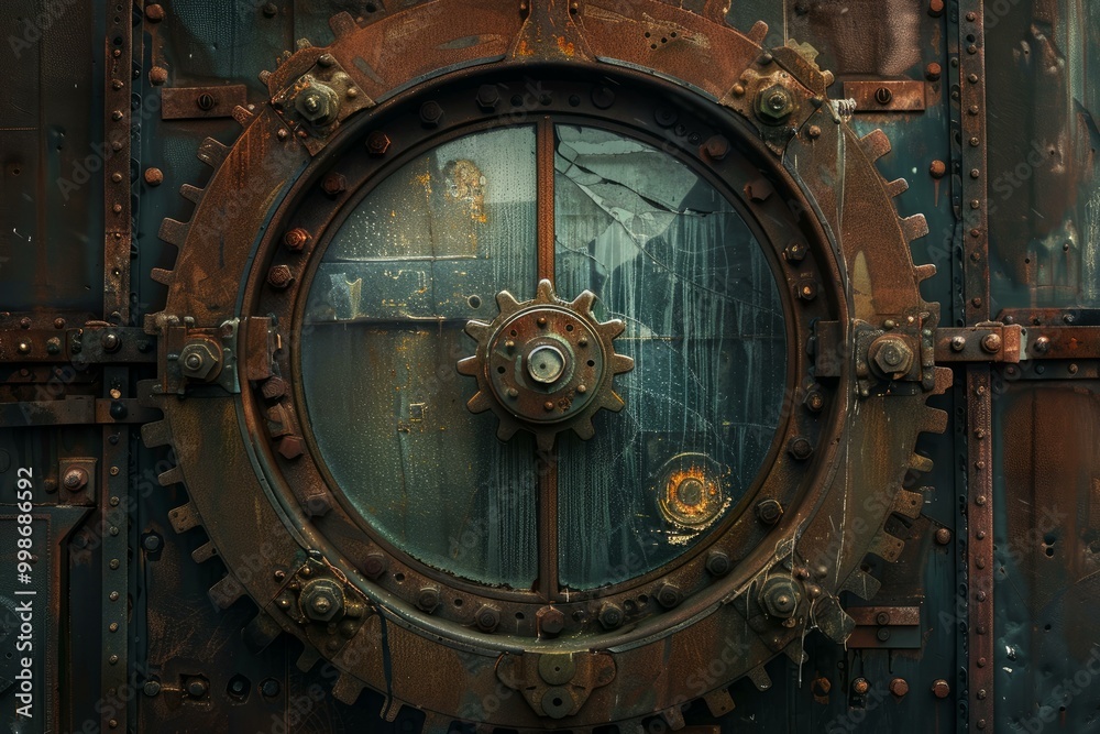 Fototapeta premium Closeup of a large rusty gear covering a broken window of an old industrial machine