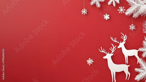 Simple red Christmas background with white reindeer icons in a minimalist style