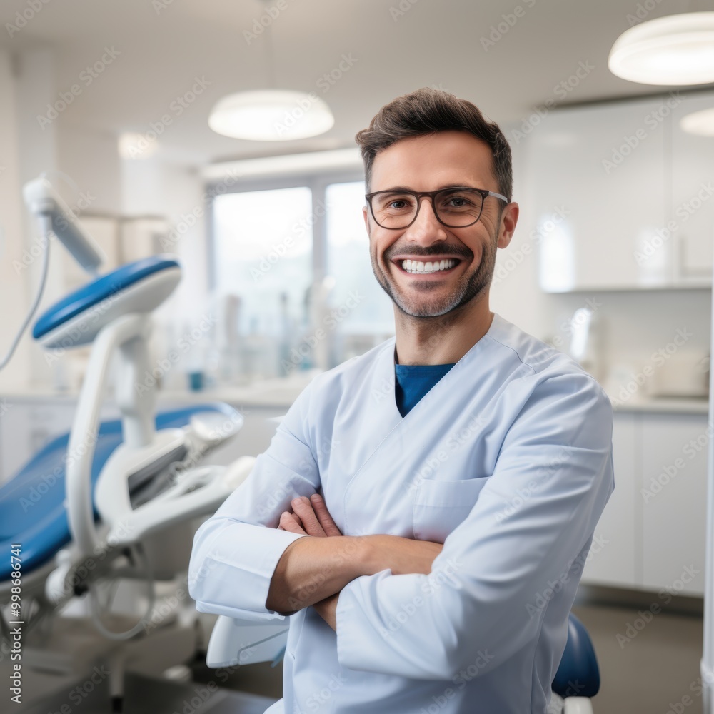 A dentist is happily smiling in a dental office with his arms crossed