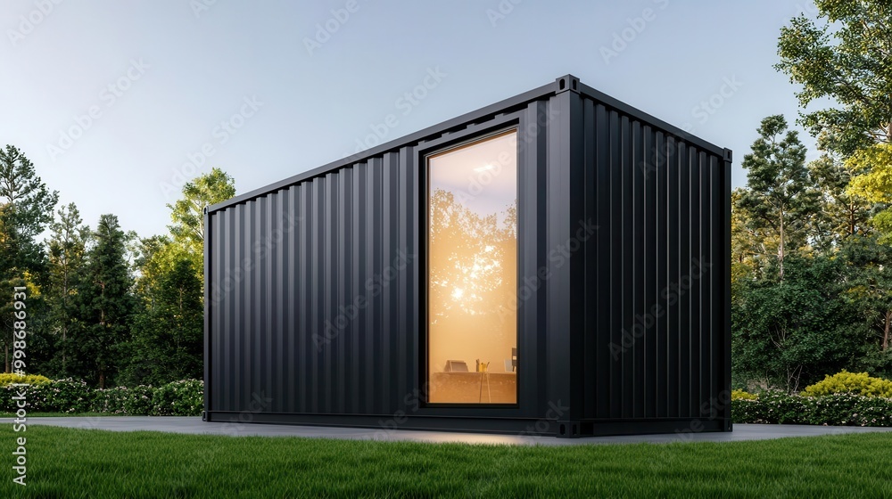 Fototapeta premium Compact container work room exterior with grey metal siding, rooftop garden, and coastal view