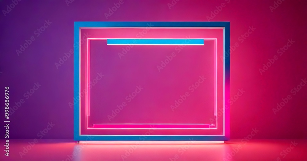 A square-shaped object with a blue border, illuminated by pink and blue lights, set against a pink background A square-shaped object with a blue border, illuminated by pink and blue lights, set against a pink background