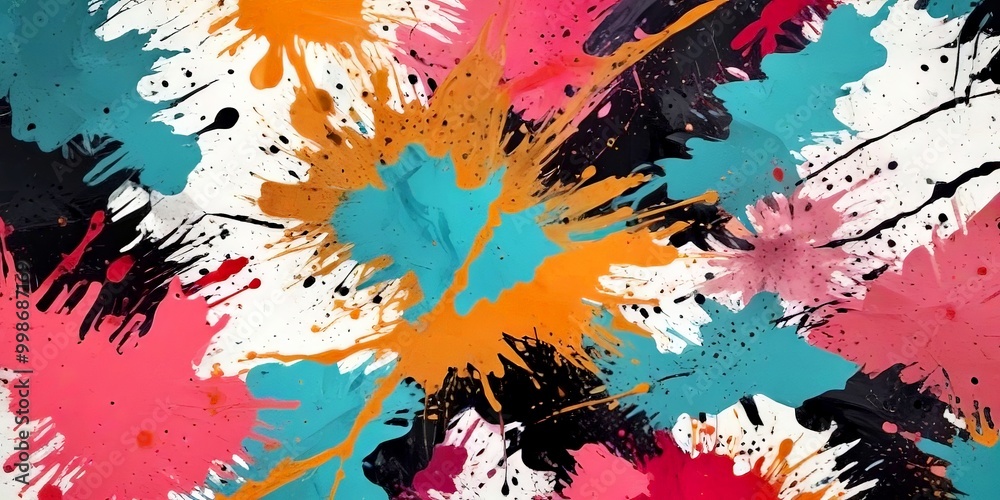 a vibrant abstract painting with splashes of various colors, including pink, blue, orange, and black, creating a dynamic and energetic composition