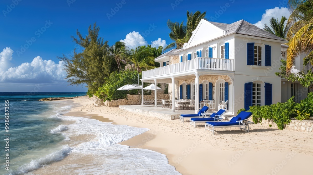 A coastal escape with white walls and blue shutters, nestled on a sandy beach with the ocean waves rolling in, offering a relaxing and elegant seaside setting A coastal escape with white walls and blue shutters, nestled on a sandy beach with the ocean waves rolling in, offering a relaxing and elegant seaside setting