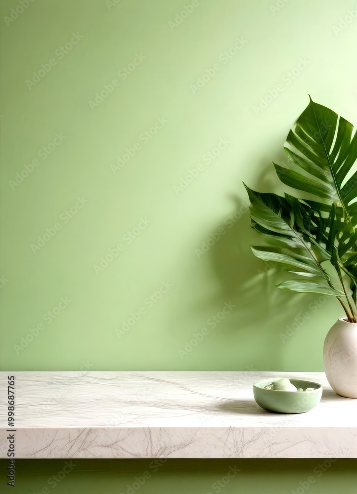 A marble countertop with a white vase holding a green plant and a small bowl of green leaves, set against a light green wall A marble countertop with a white vase holding a green plant and a small bowl of green leaves, set against a light green wall