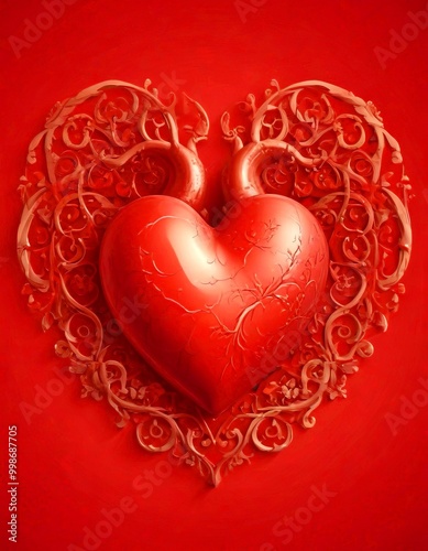 A red heart-shaped object with a cracked surface is surrounded by an intricate, ornate design of vines and leaves against a deep red background