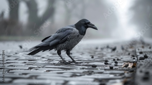 Hooded Crow Stolling On A Road Paved With Setts photo