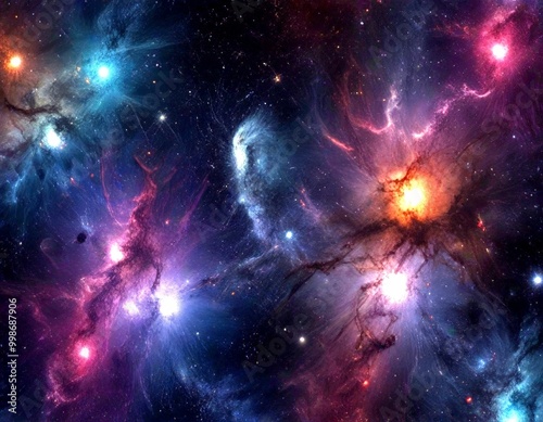 a vibrant and dynamic cosmic scene, featuring a nebula with swirling clouds of gas and dust, as well as a bright star at its center The nebula exhibits a range of