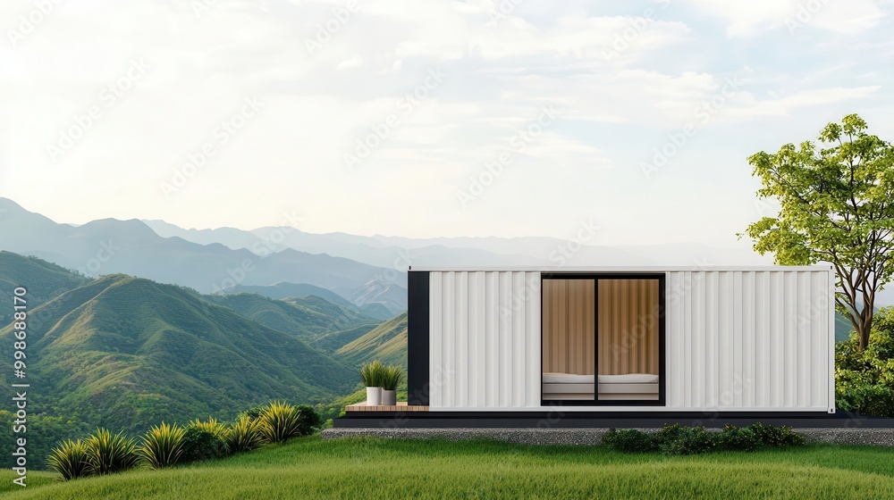 Fototapeta premium Elegant container work room exterior with white facade, floor-to-ceiling windows, overlooking a serene meadow
