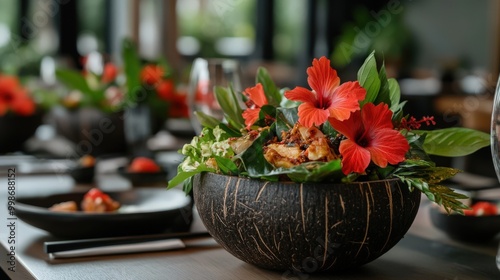 Tropical floral table setting with vibrant hibiscus for summer gatherings photo