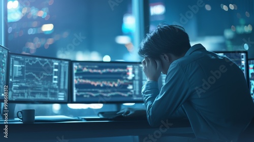A lone asian stock trader pacing anxiously in front of a huge monitor showing crashing interest rates 