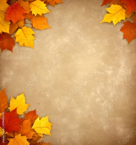 A collection of autumn leaves in various shades of orange, yellow, and red, arranged diagonally across a textured beige background photo