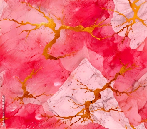 a pink and white marble-like background with gold-colored, twisted branches or vines photo