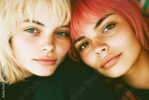 Close-up portrait of diverse women with freckles and colored hair, lgbtq couple