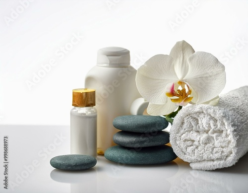 spa concept, medical supplies and orchid flower on white background. beauty treatment set