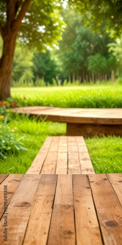 A wooden walkway leads through a lush, verdant garden, with a large tree and distant trees framing the scene A wooden walkway leads through a lush, verdant garden, with a large tree and distant trees framing the scene