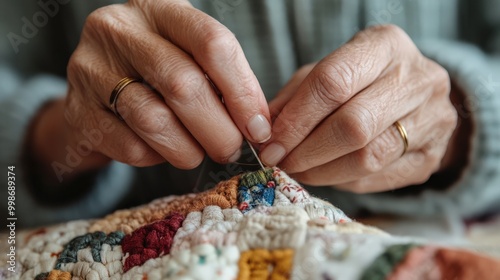 Zero waste sewing: hands stitching colorful patchwork for eco-friendly craft ideas photo