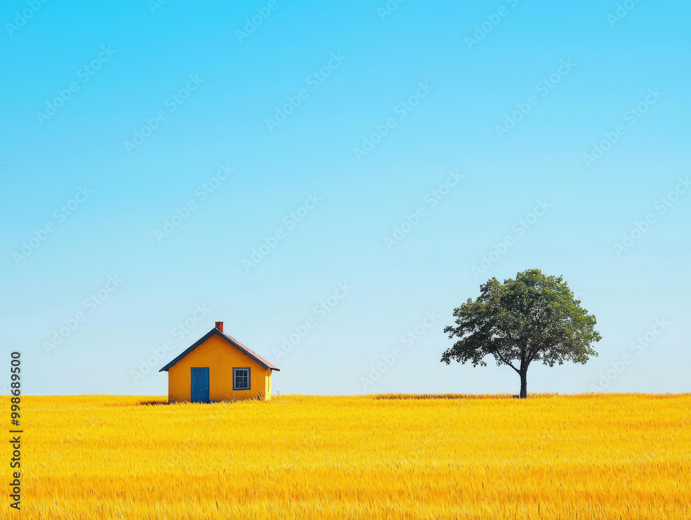 A small yellow house stands alone in vast golden field under clear blue sky, accompanied by solitary tree, creating serene and picturesque landscape A small yellow house stands alone in vast golden field under clear blue sky, accompanied by solitary tree, creating serene and picturesque landscape