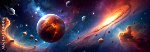 a cosmic scene with planets and stars, including a large orange planet in the center, surrounded by smaller planets and a galaxy in the background