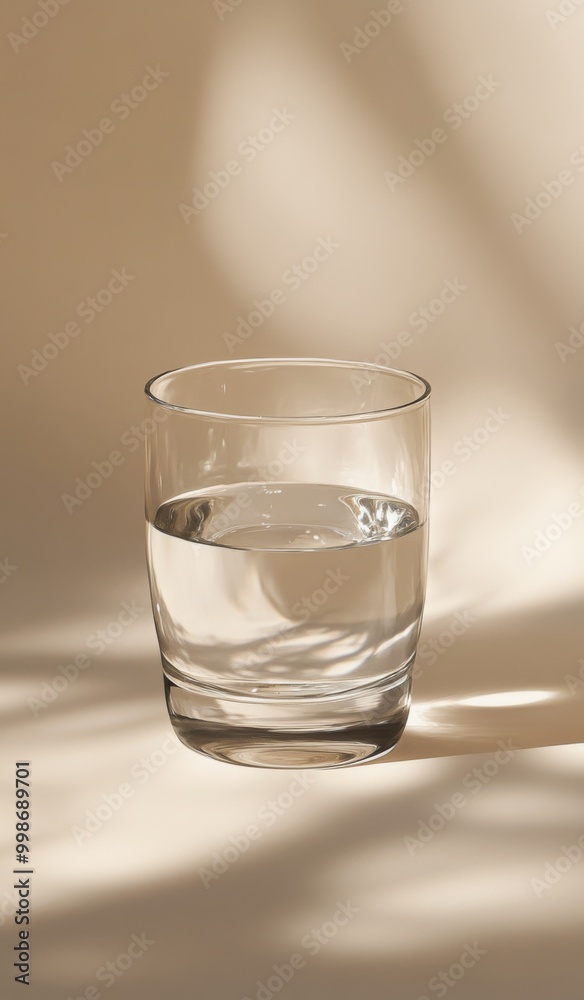 an unbranded glass filled with water, positioned on the right side of a table against a plain wall. an unbranded glass filled with water, positioned on the right side of a table against a plain wall.