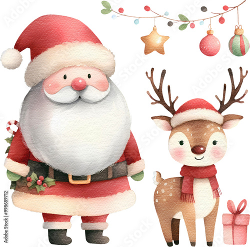Christmas Santa Claus randeer watercolor painting cutout png clip art transparent background