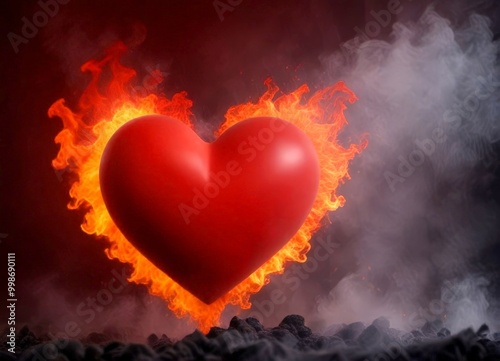 A red heart-shaped object is engulfed in flames, with smoke billowing around it, against a dark background photo