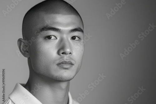 Short Asian man with a buzzcut and a polo shirt. Editorial style.  photo