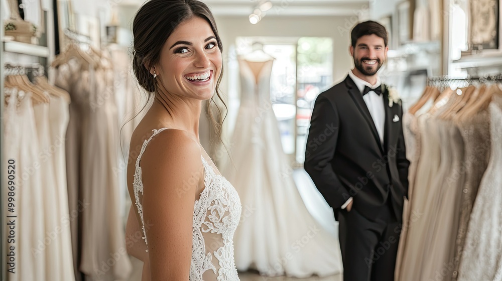 Bride Trying on Wedding Dress with Groom Smiling Bride Trying on Wedding Dress with Groom Smiling