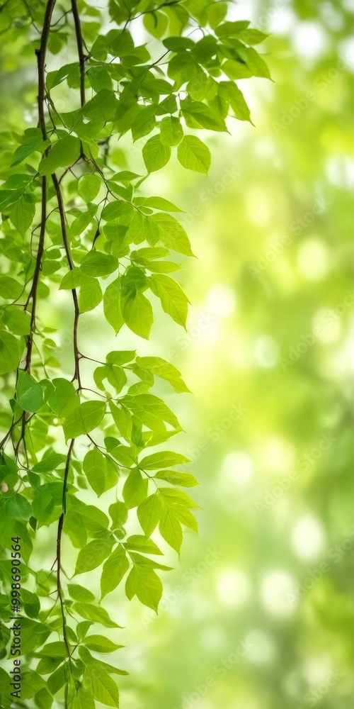 Lush green leaves tree branch frame the , creating a serene and natural atmosphere Lush green leaves tree branch frame the , creating a serene and natural atmosphere