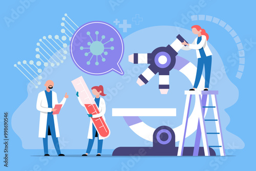 Illustration of medical researchers with a microscope and test tubes studying a virus structure for vaccine development.