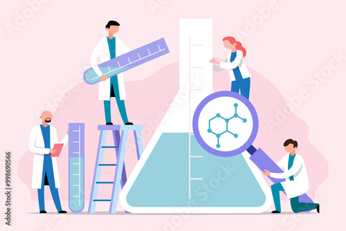 diverse team of scientists working together on a giant test tube experiment, symbolizing teamwork in research. vector illustration.