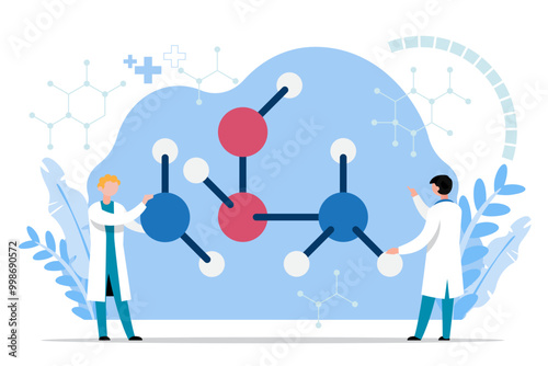 Two scientists examining a large molecular model against a backdrop of scientific icons.