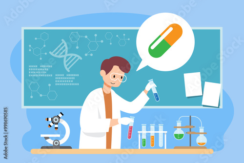 scientist conducting research in a modern laboratory with microscope, test tubes, and DNA structures. Vector illustration.