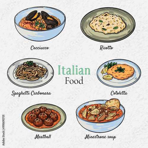 Collection of hand drawn Italian food Cacciucco, meatballs, Cotoletta, Minestrone soup and Risotto