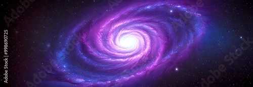 a spiral galaxy with a bright central core surrounded by swirling arms of purple and blue hues, set against a dark background filled with stars