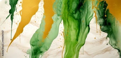 a close-up view of an abstract painting with green and gold colors The painting features a central vertical line with a green streak and a gold streak on the left side, and photo