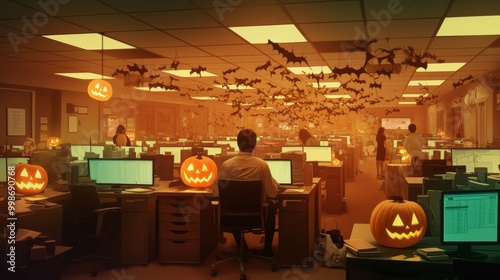 A business office decorated for Halloween with jack-o'-lanterns and fake cobwebs