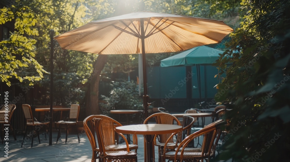 Obraz premium A large umbrella providing shade over a ca table, with chairs arranged underneath and soft sunlight filtering through.