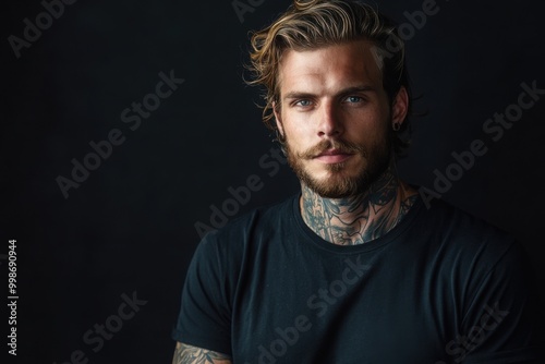 Tall muscular white man with tattoos and a black t-shirt. Editorial style.