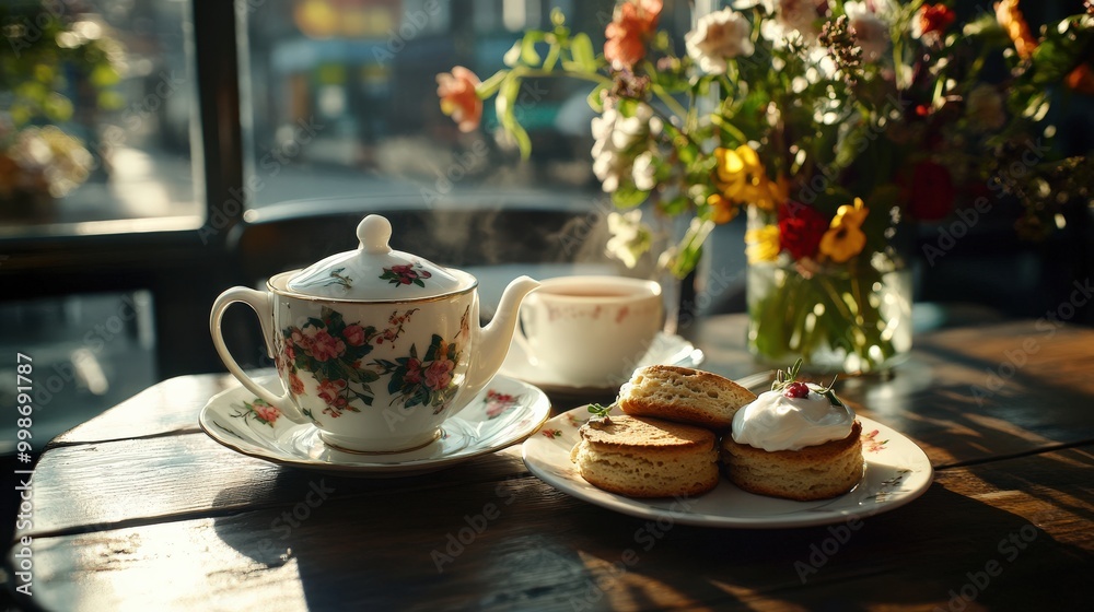 Classic british afternoon tea with floral teapot and scones in london cafe setting Classic british afternoon tea with floral teapot and scones in london cafe setting