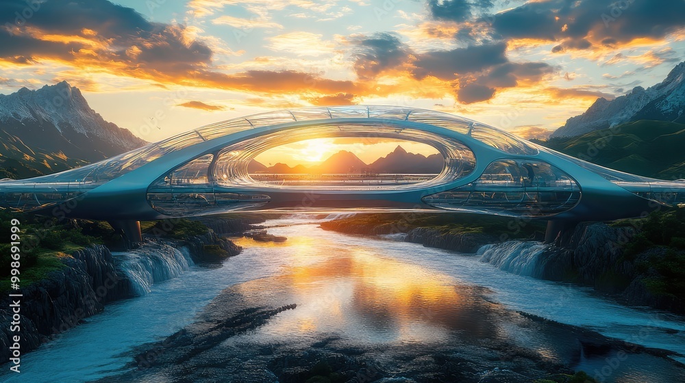 Obraz premium A futuristic glass bridge spanning a fast-moving river, with mountains and a sunset in the background
