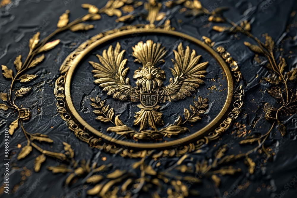 Golden eagle emblem embossed on a textured surface with an intricate floral pattern, creating a sense of luxury and elegance Golden eagle emblem embossed on a textured surface with an intricate floral pattern, creating a sense of luxury and elegance