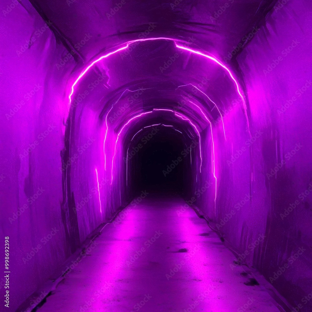 Fototapeta premium A long, dark tunnel with a curved ceiling and a single, bright light at the end, illuminated by a purple glow