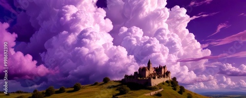 A castle perched atop a hill, surrounded by a moat and lush greenery, stands majestically against a backdrop of dramatic clouds and a vibrant purple sky photo