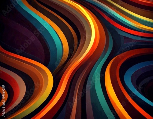 a vibrant abstract pattern composed of overlapping curved lines in various shades of orange, yellow, green, blue, and purple, creating a dynamic and visually striking composition photo