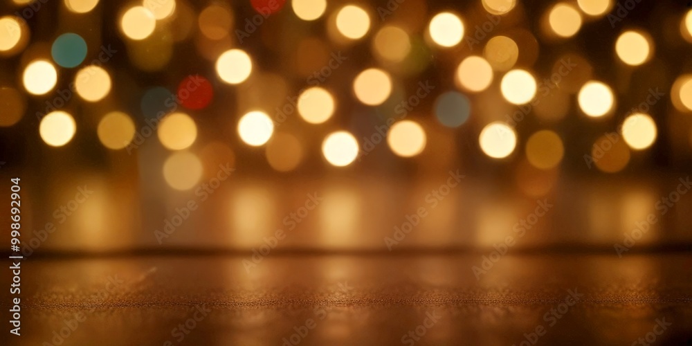 A blurred wooden surface with a pattern of colorful lights in the background A blurred wooden surface with a pattern of colorful lights in the background