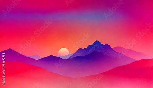 A serene sunset over a mountainous landscape, with a large sun setting behind the mountains and a gradient of pink and purple hues in the sky photo