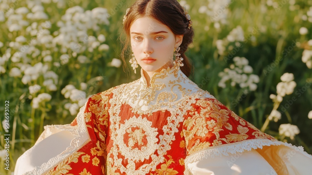 Eclectic russian clothing for girls in a spring meadow setting for creative use Eclectic russian clothing for girls in a spring meadow setting for creative use