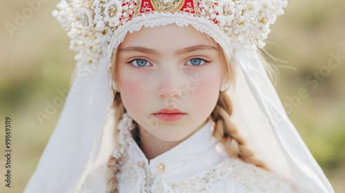 Eclectic russian clothing for girls: creative vintage style portrait for print or poster