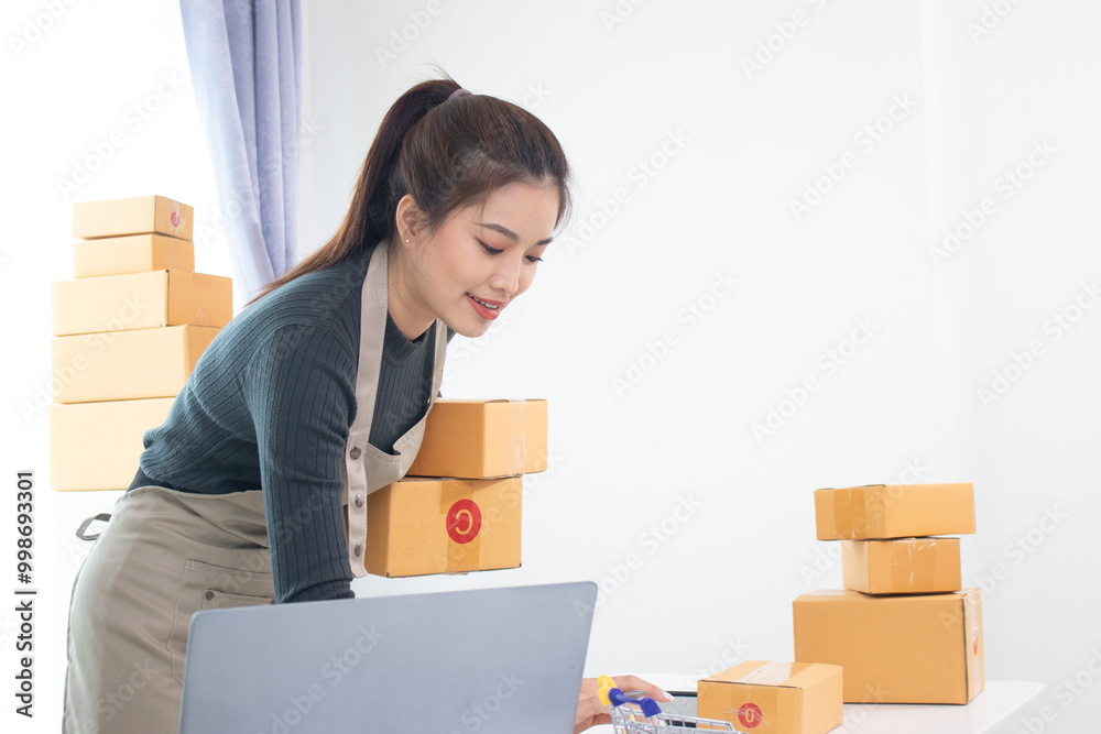 successful sales She checks shipping details and communicates with customers on her laptop. and connect with customers through cyberspace It emphasizes the excitement of entrepreneurship successful sales She checks shipping details and communicates with customers on her laptop. and connect with customers through cyberspace It emphasizes the excitement of entrepreneurship